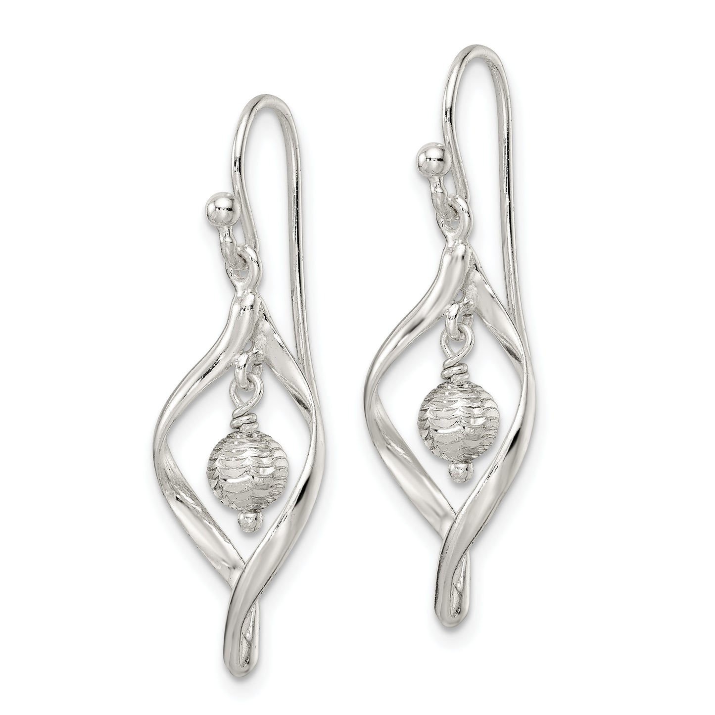 Sterling Silver Polished & Diamond-Cut Twist W/Ball Center Dangle Earrings