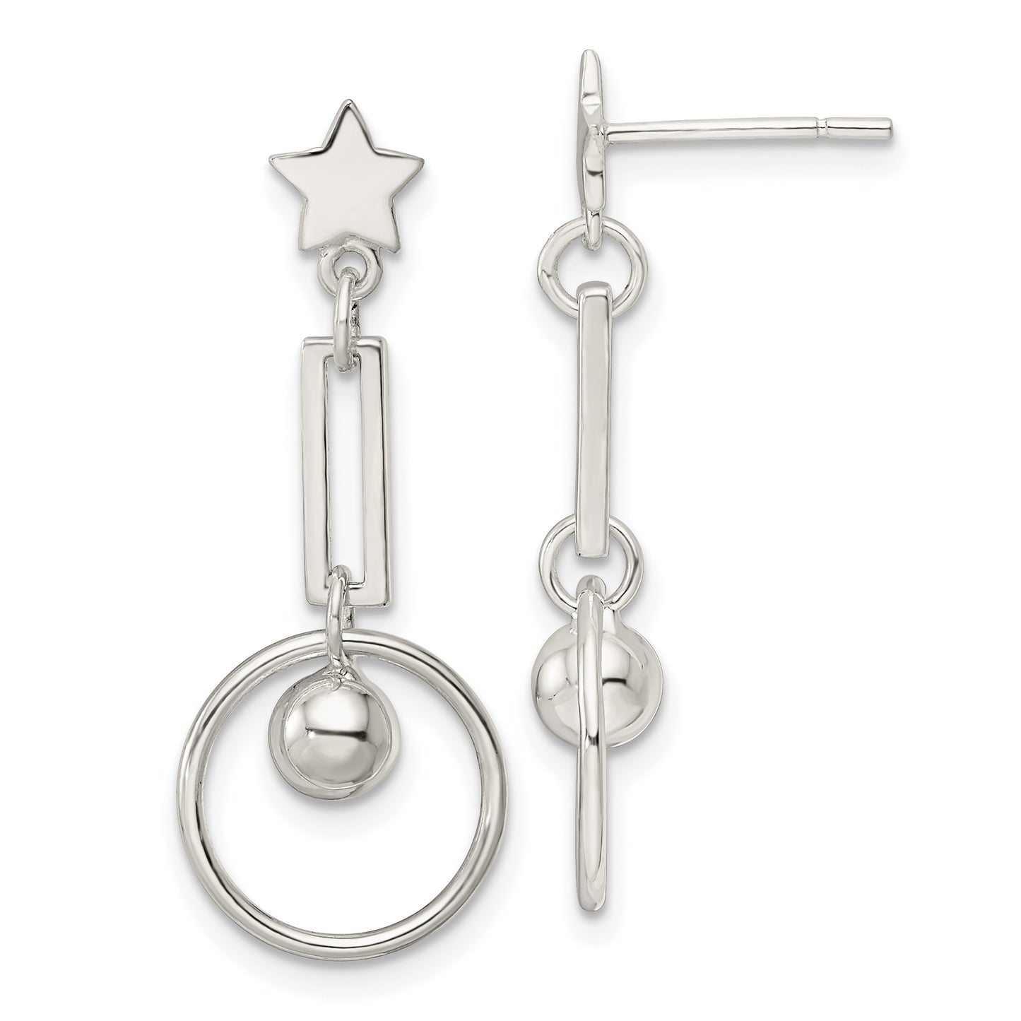 Sterling Silver Polished Star And Circle Post Dangle Earrings