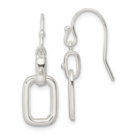 Sterling Silver Polished Rectangle Link Dangle Shepherd Hook Earrings