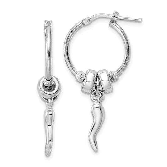 Sterling Silver Rhodium-Plated D/C Bead Italian Horn Dangle Hoop Earrings