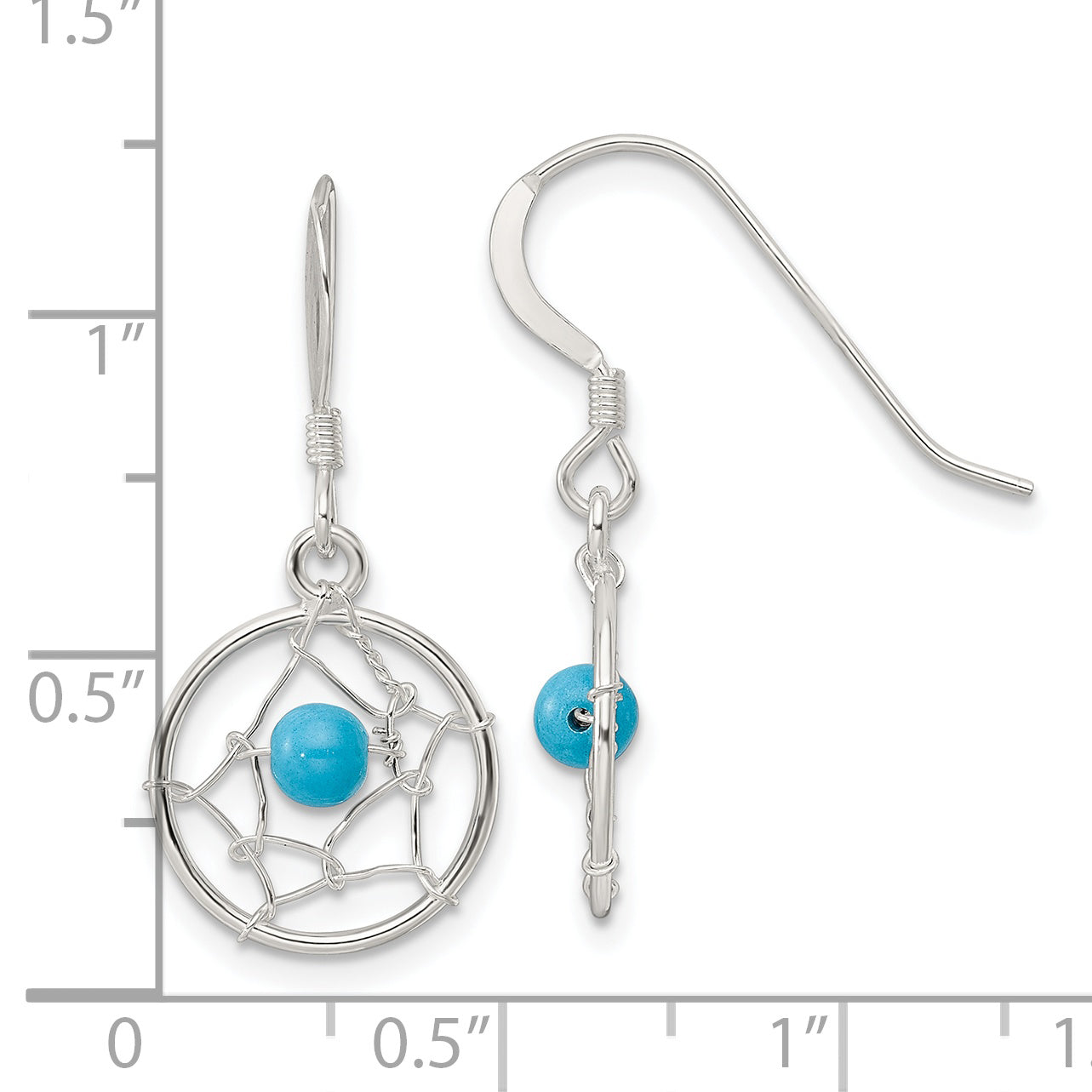 Sterling Silver Polished Turquoise Bead Dream Catcher Dangle Earrings