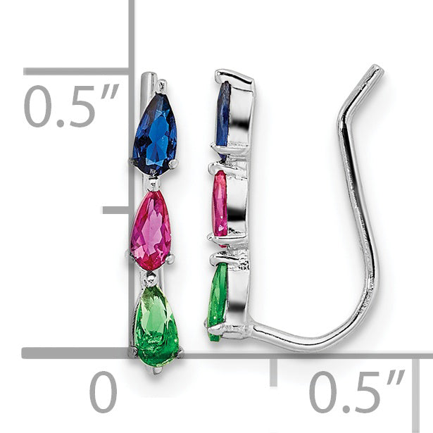 Sterling Silver Rh-Plated Polished Multi-Color Pear Cz Ear Climber Earrings