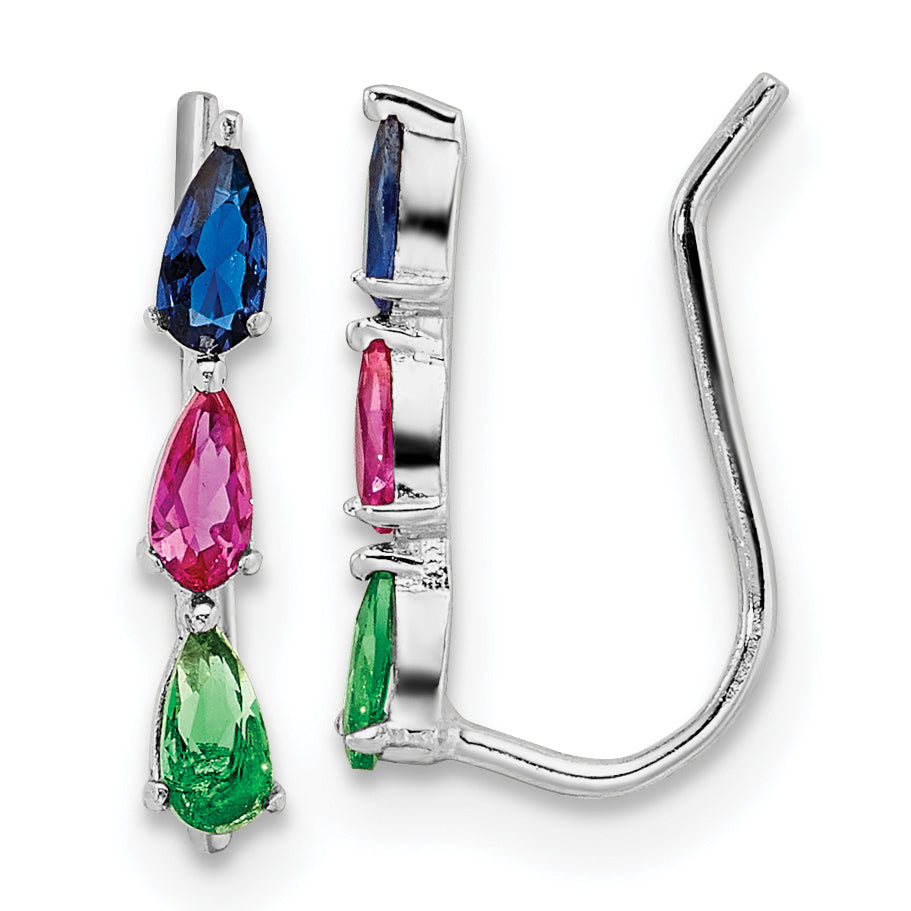 Sterling Silver Rh-Plated Polished Multi-Color Pear Cz Ear Climber Earrings