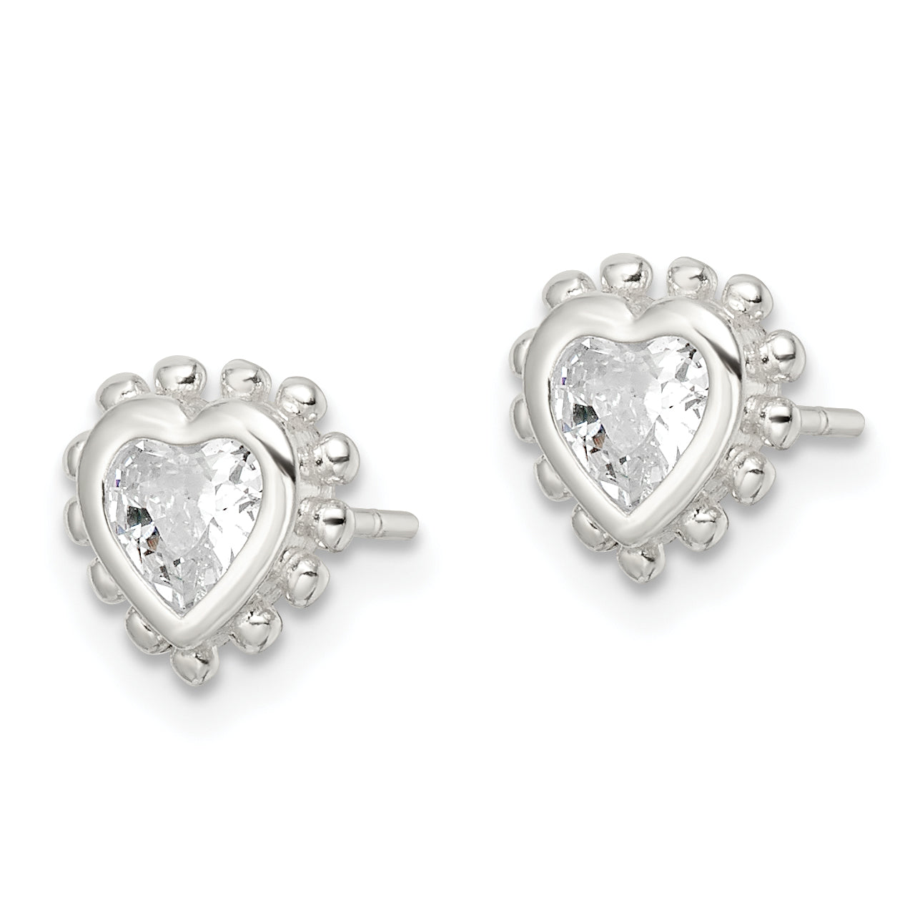 Sterling Silver Polished & Beaded Edge Heart Cz Post Earrings