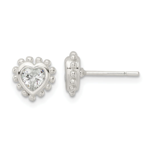 Sterling Silver Polished & Beaded Edge Heart Cz Post Earrings