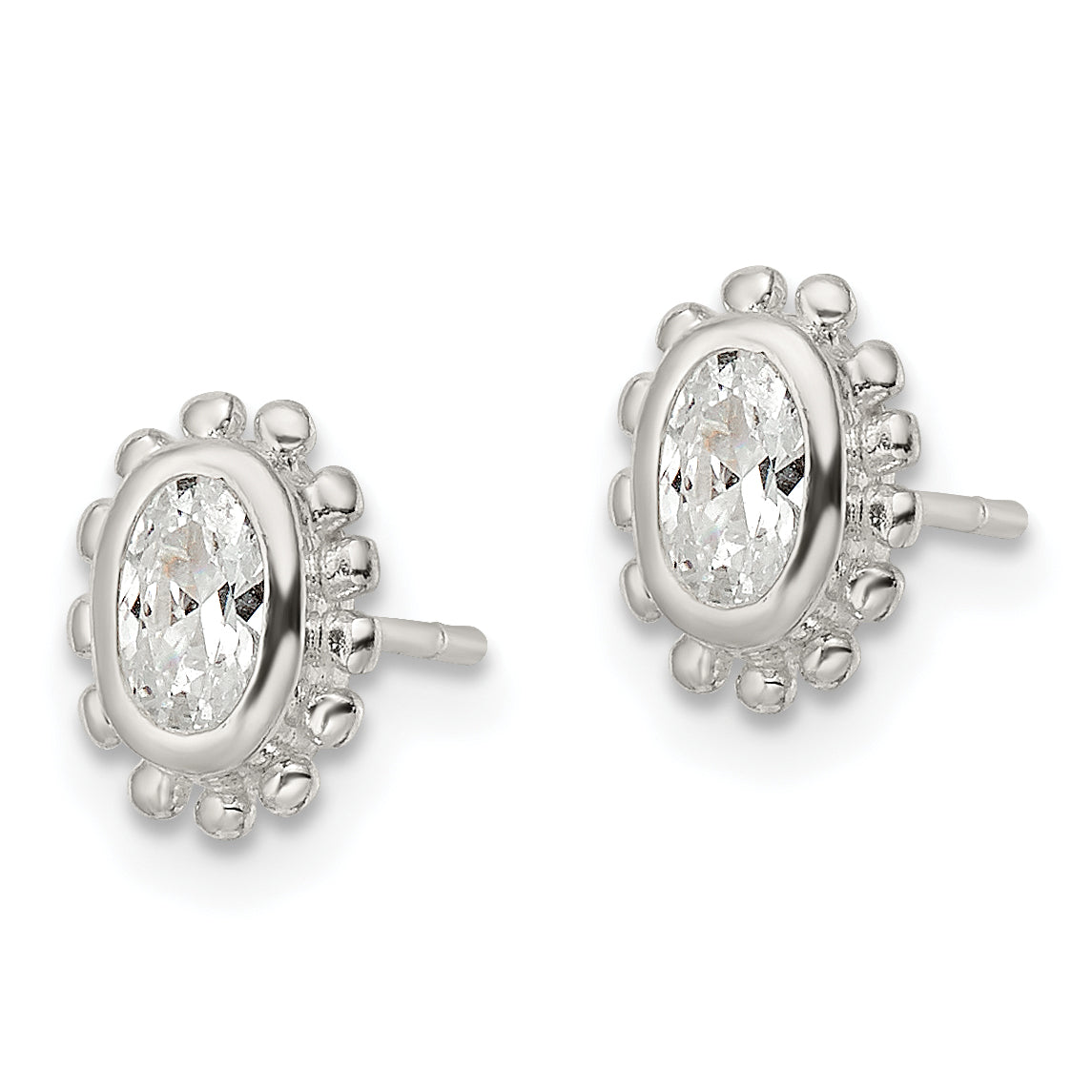 Sterling Silver Polished & Beaded Edge Oval Cz Post Earrings