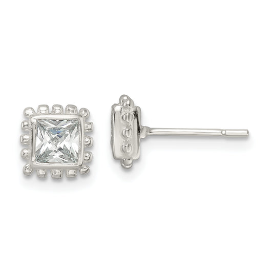 Sterling Silver Polished & Beaded Edge Square Cz Post Earrings