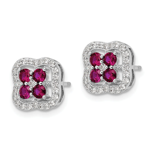 Sterling Silver Rhodium-Plated Created Ruby And Cz Clover Post Earrings