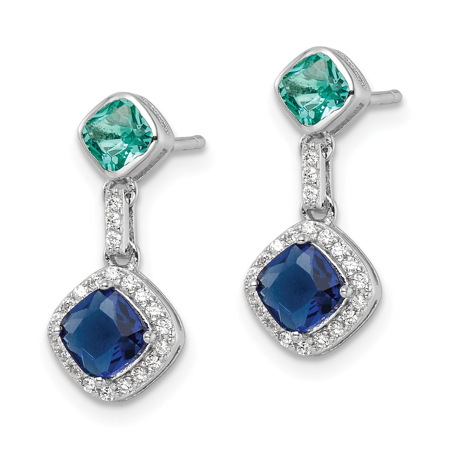 Sterling Silver Rhod-Plated Polished Cz & Blue Glass Post Dangle Earrings