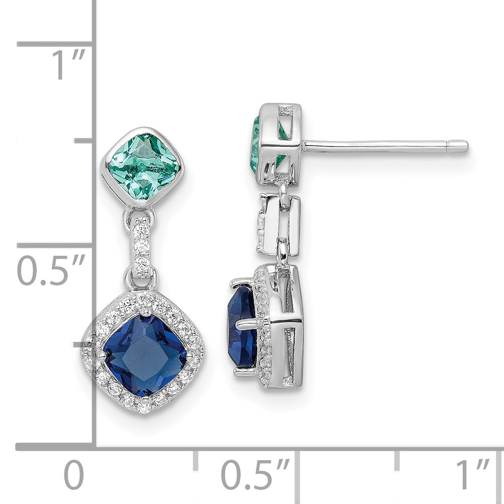 Sterling Silver Rhod-Plated Polished Cz & Blue Glass Post Dangle Earrings