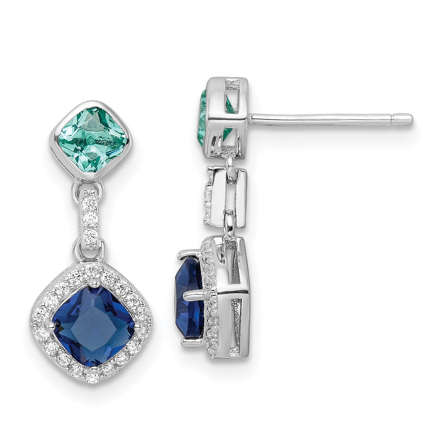 Sterling Silver Rhod-Plated Polished Cz & Blue Glass Post Dangle Earrings