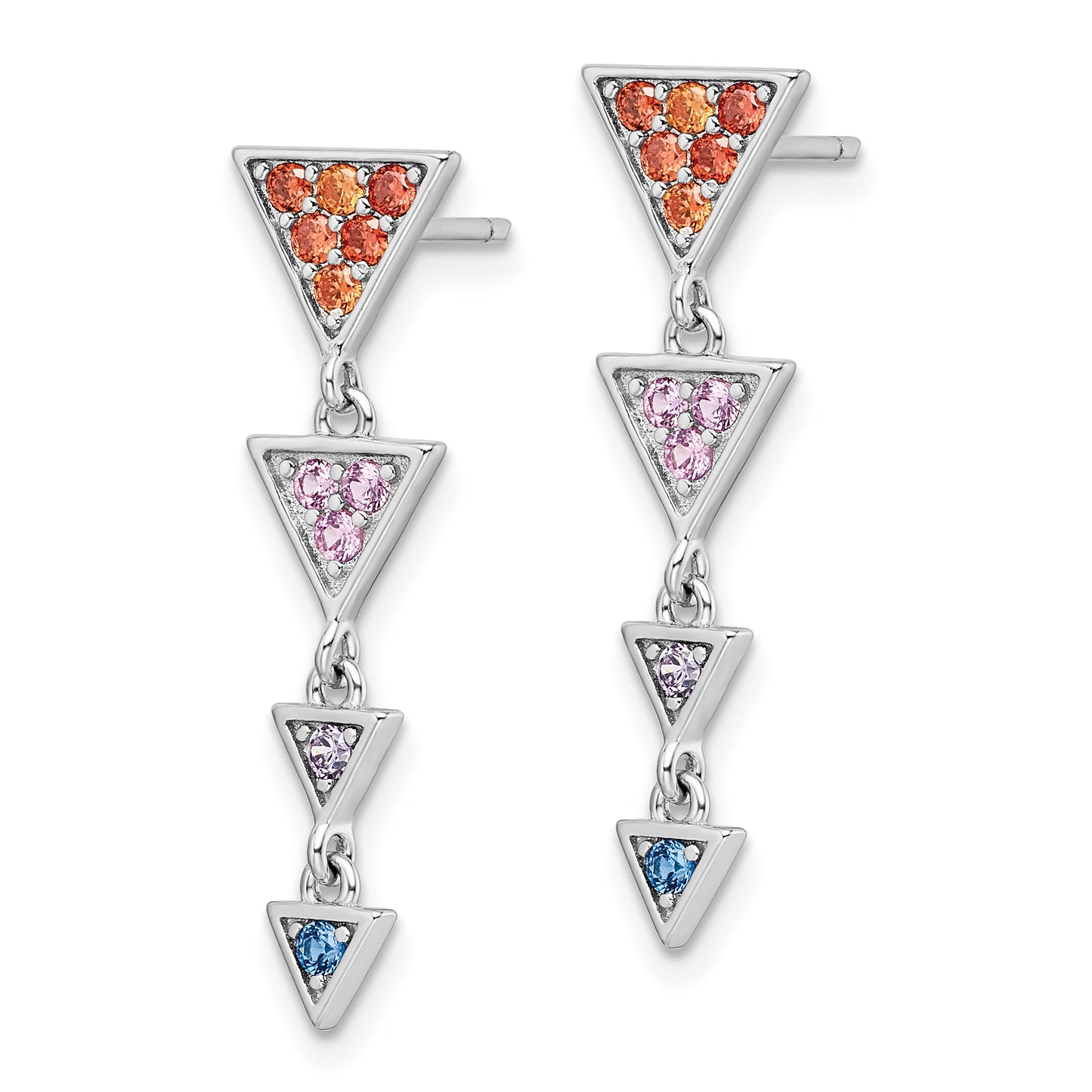 Sterling Silver Rhodium-Plated Multicolor Cz Post Dangle Earrings