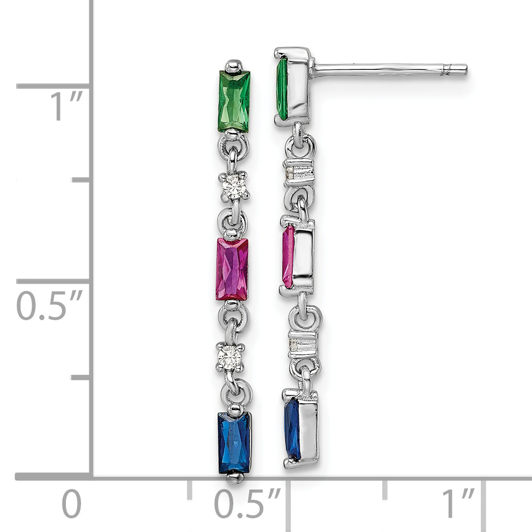 Sterling Silver Rhodium-Plated Polished Multicolor Cz Post Dangle Earrings