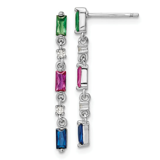 Sterling Silver Rhodium-Plated Polished Multicolor Cz Post Dangle Earrings