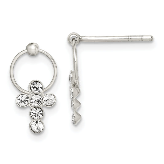 Sterling Silver Polished Cz Cross Circle Post Dangle Earrings