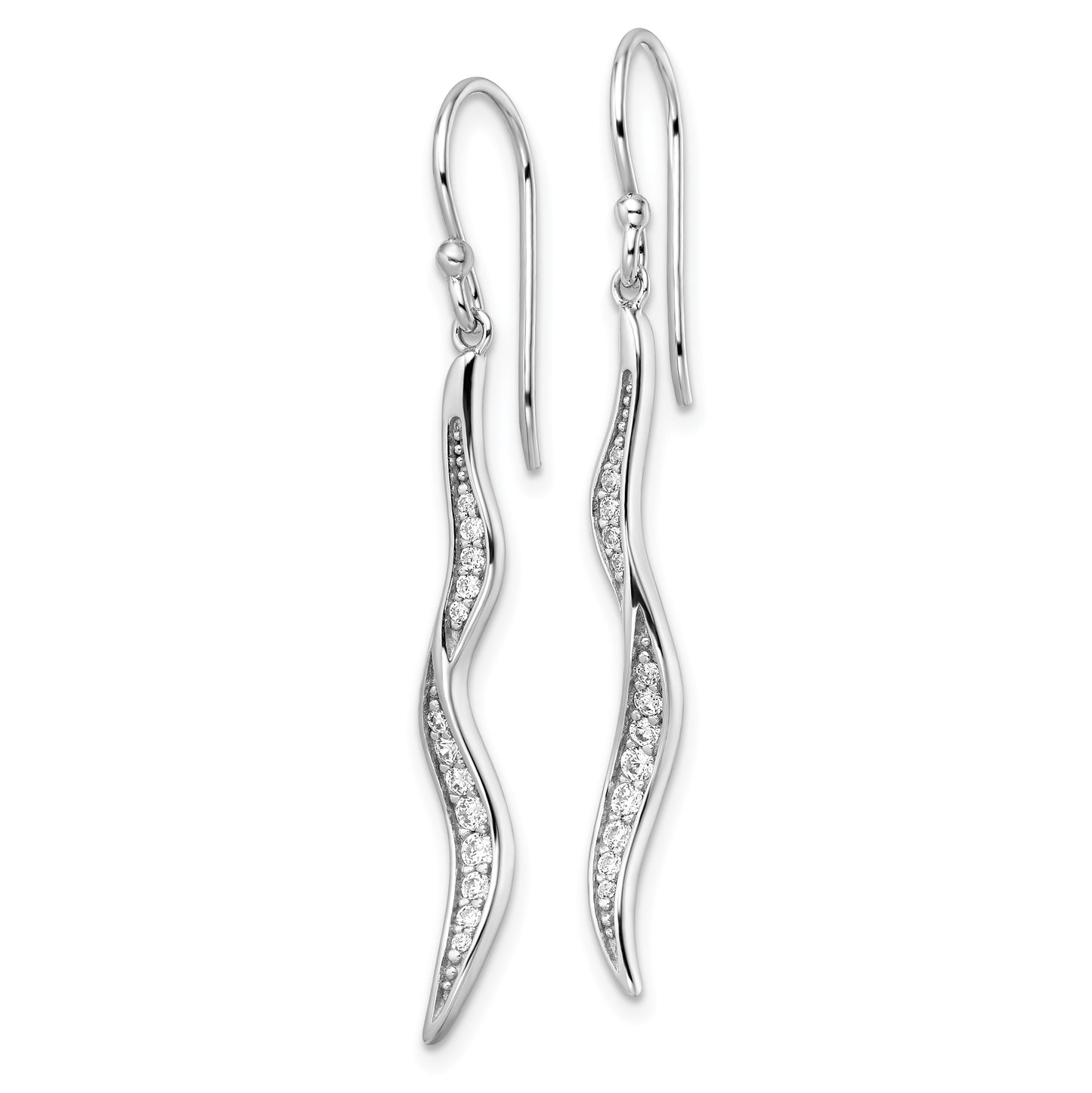 Sterling Silver Rhodium-Plated Polished Cz Wavy Dangle Earrings