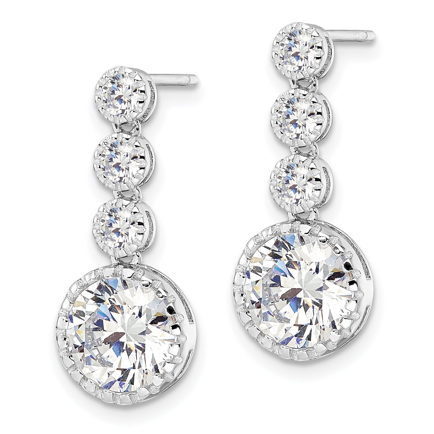 Sterling Silver Rhodium-Plated Polished Round Cz Post Dangle Earrings