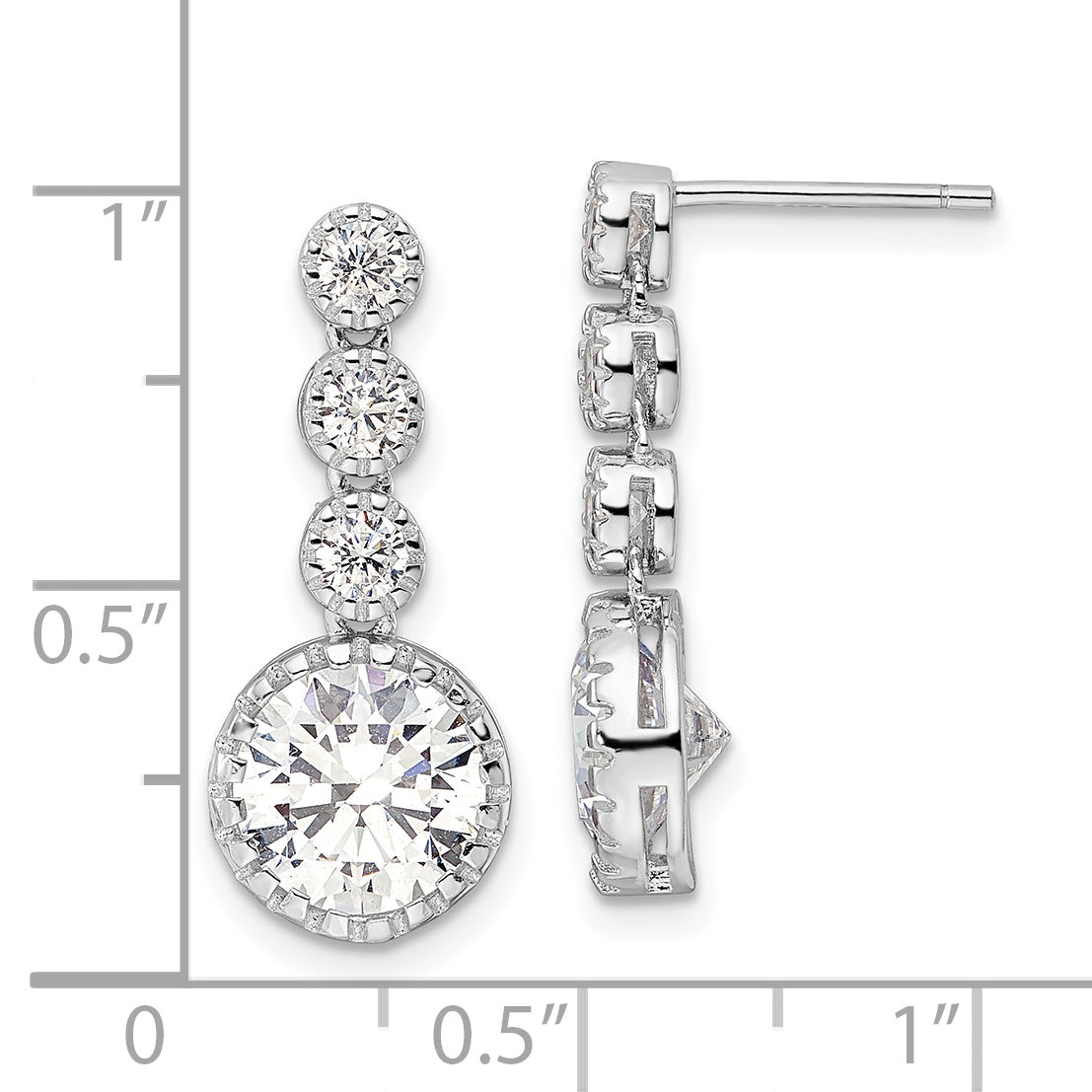 Sterling Silver Rhodium-Plated Polished Round Cz Post Dangle Earrings