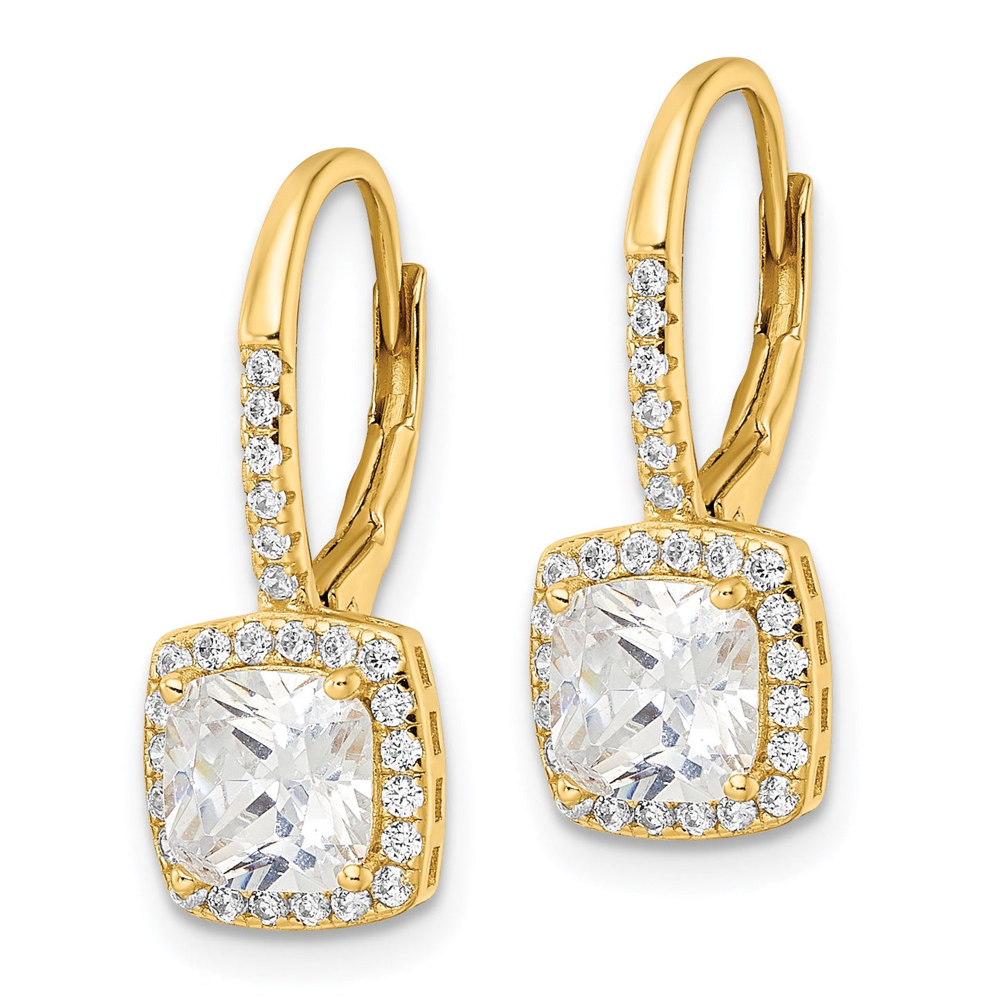 Sterling Silver Gold-Tone Polished Princess Cut Cz Halo Leverback Earrings