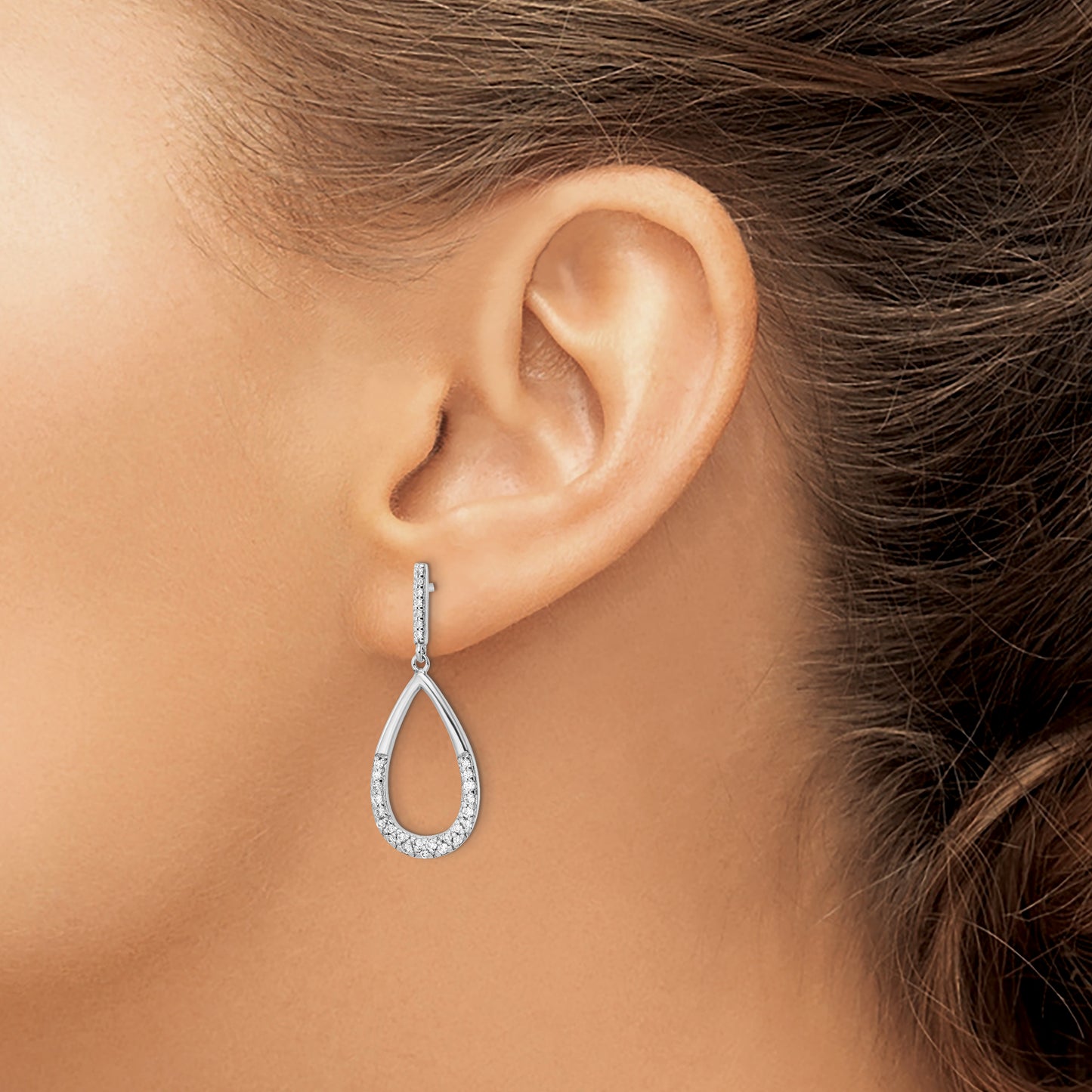 Sterling Silver Rhodium-Plated Polished Cz Teardrop Dangle Post Earrings