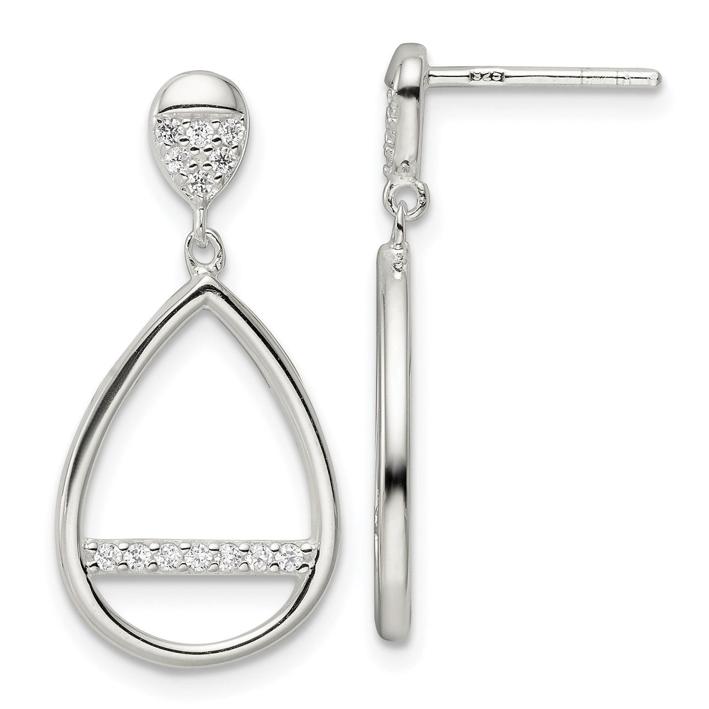 Sterling Silver Polished Teardrop Dangle Cz Post Earrings