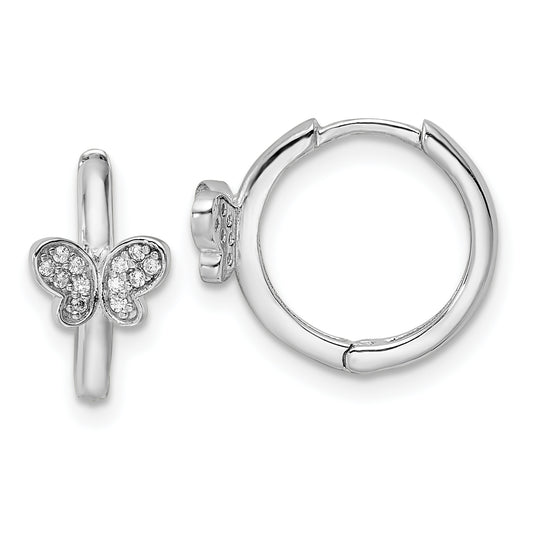 Sterling Silver Rhodium-Plated Polished Cz Hinged Hoop Butterfly Earrings