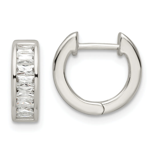 Sterling Silver Polished Baguette Cz Hinged Hoop Earrings