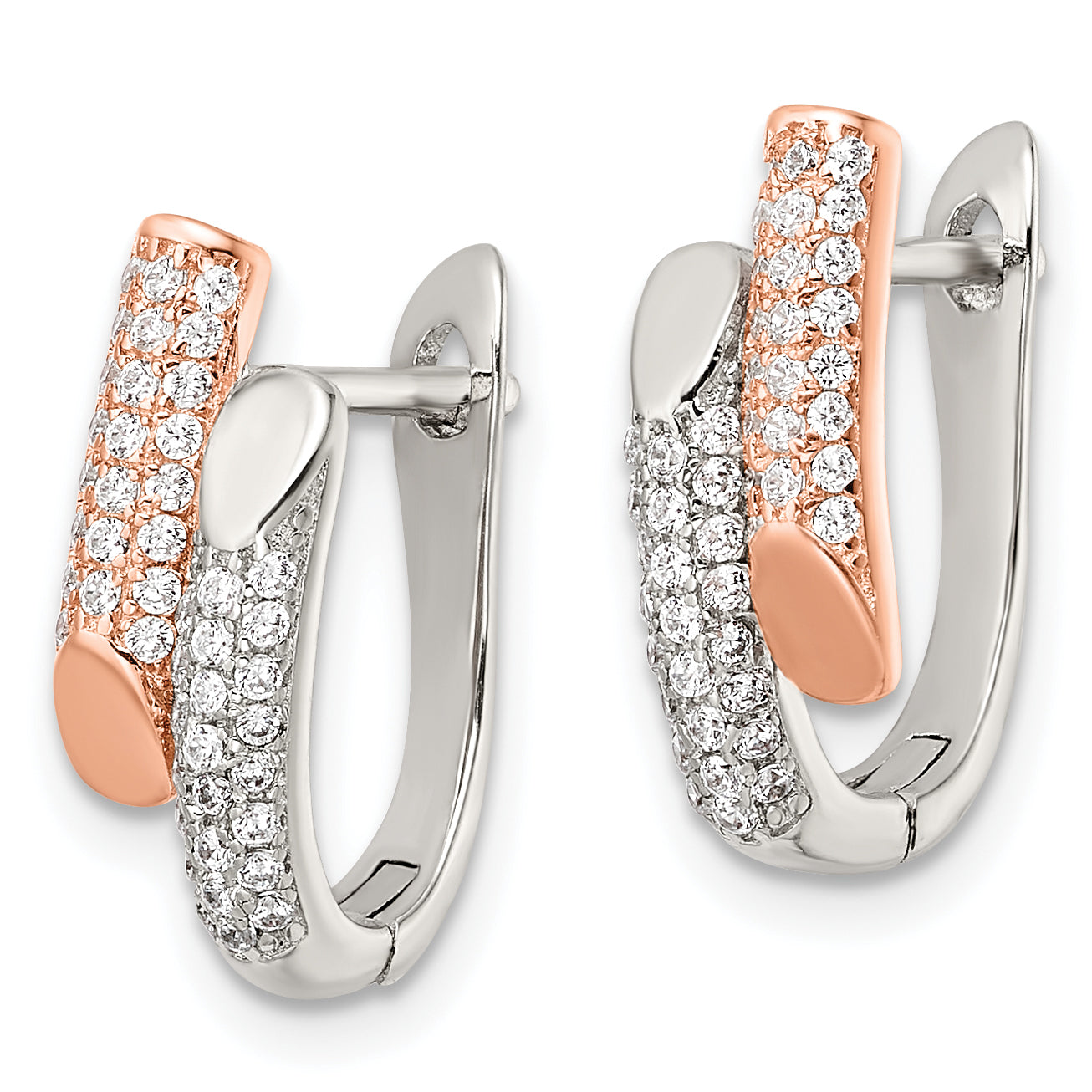 Sterling Silver Rose-Tone Polished Pave Cz Hinged Hoop Earrings