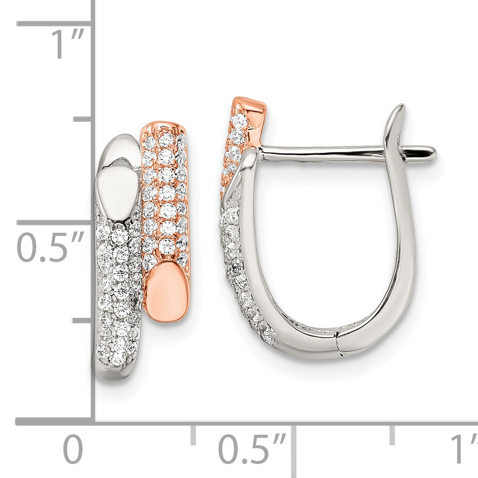 Sterling Silver Rose-Tone Polished Pave Cz Hinged Hoop Earrings