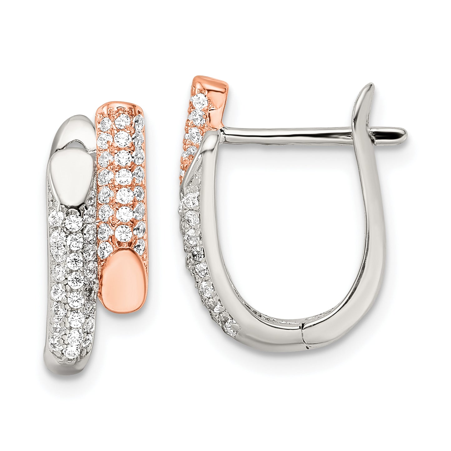 Sterling Silver Rose-Tone Polished Pave Cz Hinged Hoop Earrings