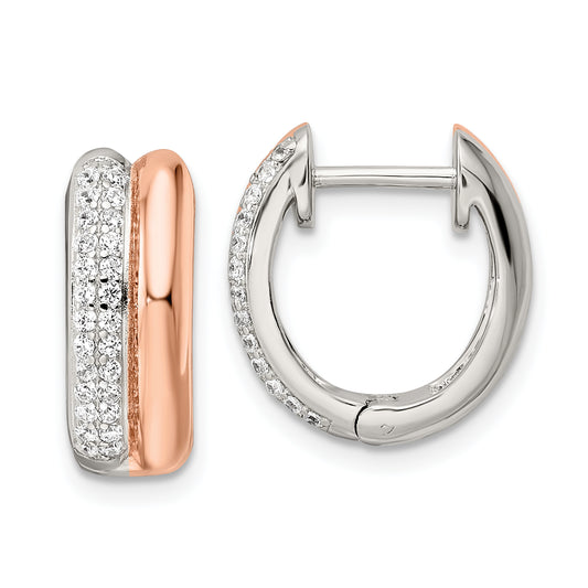 Sterling Silver Rose-Tone Polished Pave Cz Hinged Hoop Earrings