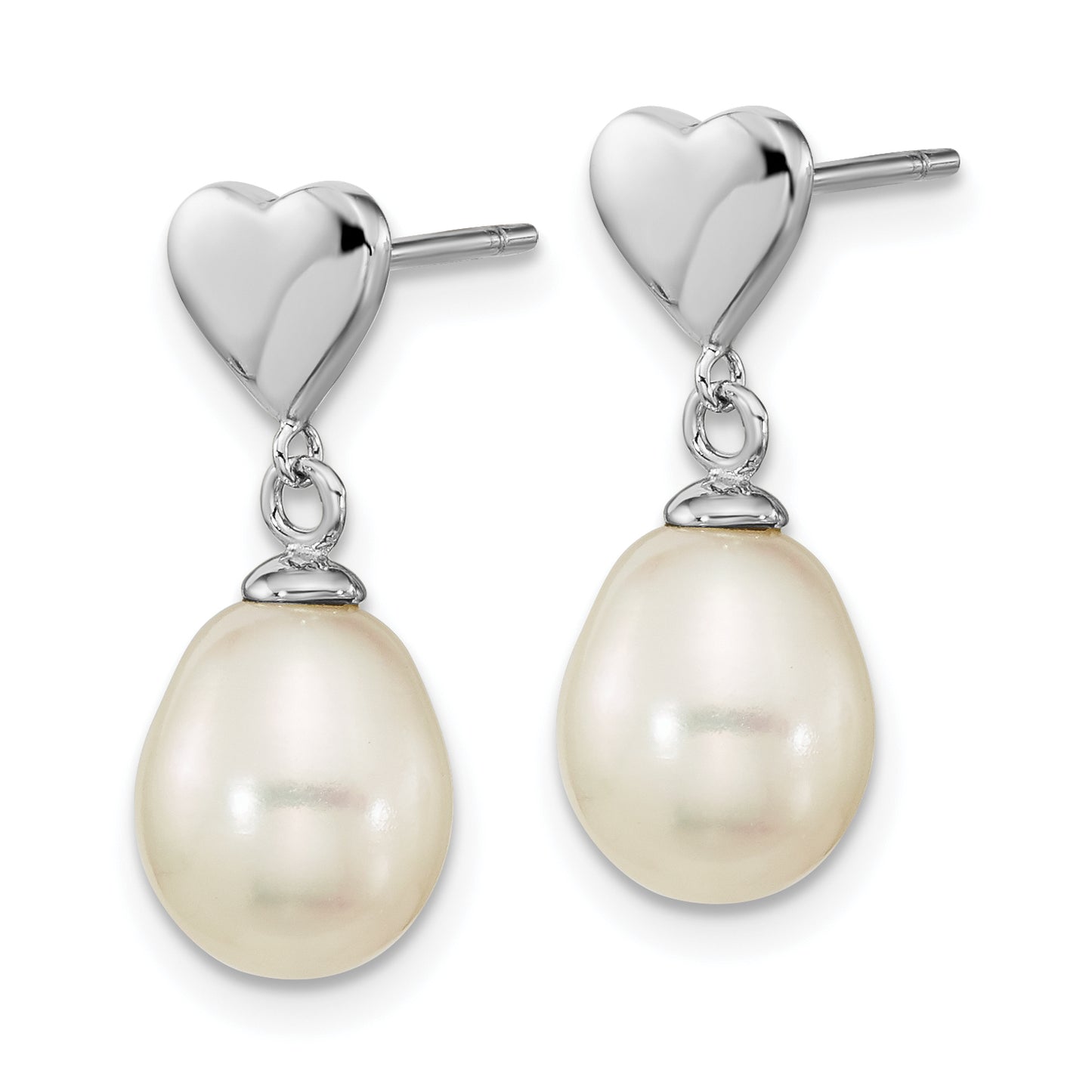 Sterling Silver Rho-Plated 7X9mm White Teardrop Fwc Pearl Dangle Earrings