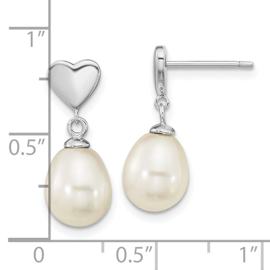 Sterling Silver Rho-Plated 7X9mm White Teardrop Fwc Pearl Dangle Earrings