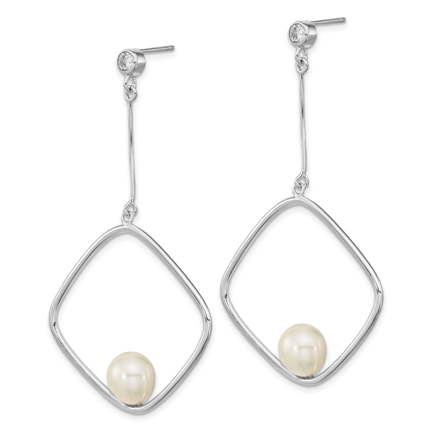 Sterling Silver Rhod-Plated 7-8mm White Rice Fwc Pearl Cz Dangle Earrings