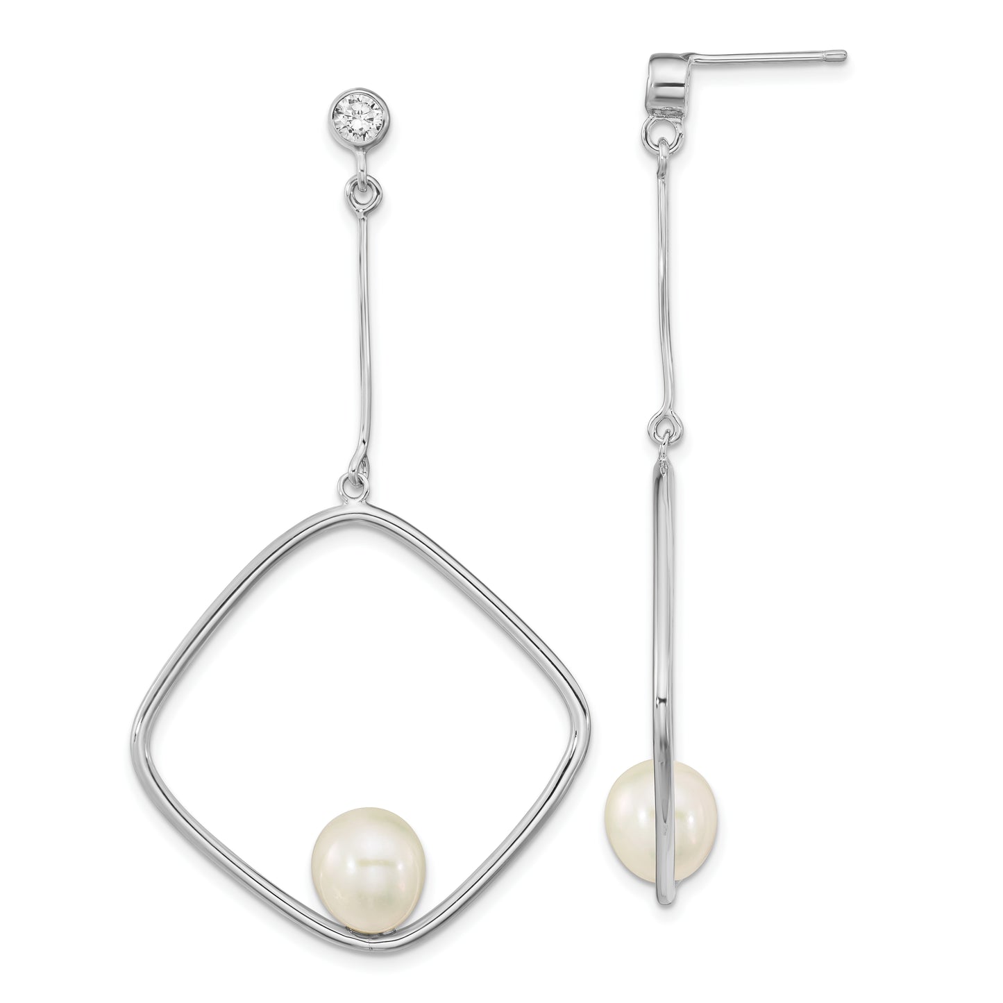 Sterling Silver Rhod-Plated 7-8mm White Rice Fwc Pearl Cz Dangle Earrings