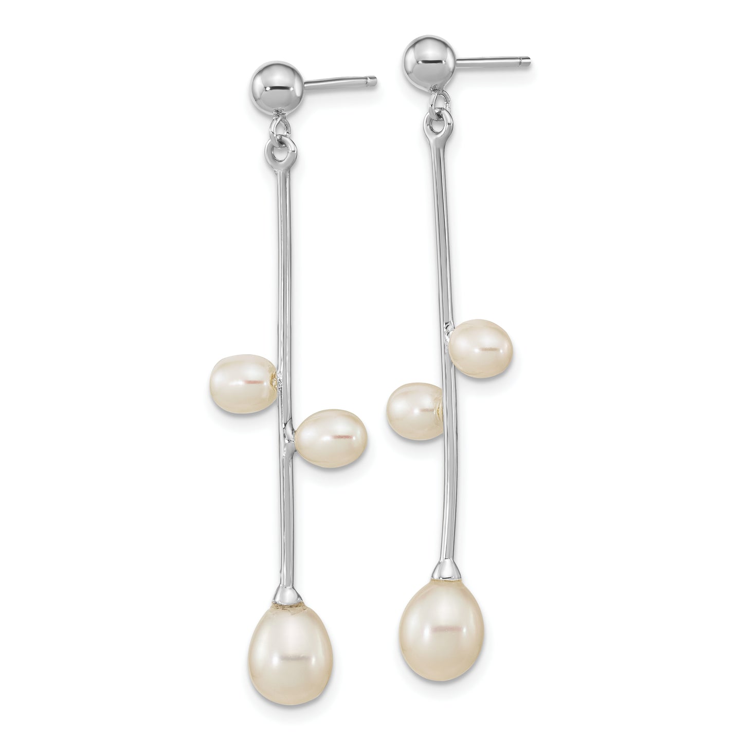 Sterling Silver Rhod-Plated 4-7mm White Rice Fwc Pearl Post Dangle Earrings