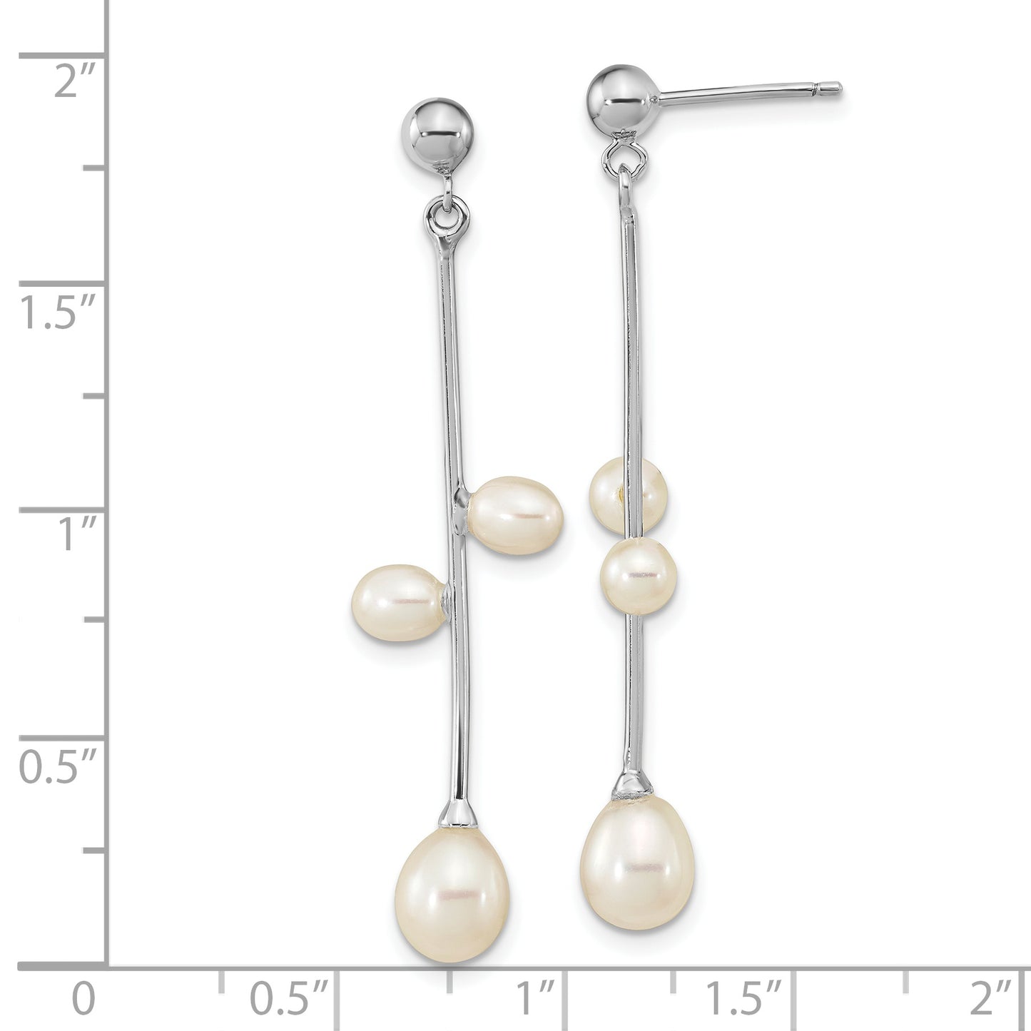 Sterling Silver Rhod-Plated 4-7mm White Rice Fwc Pearl Post Dangle Earrings