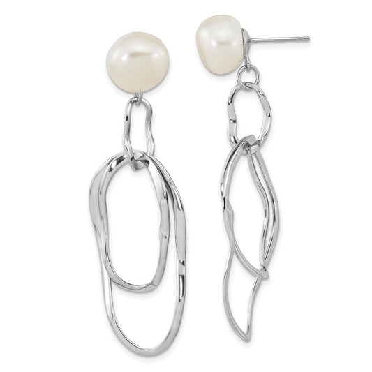 Sterling Silver Rhod-Plated 10-11mm White Baroque Fwc Pearl Dangle Earrings