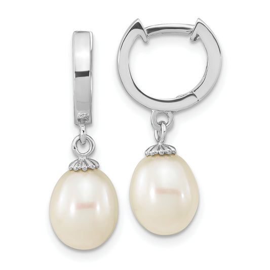 Sterling Silver Rhodium-Plated 8-9mm White Teardrop Fwc Pearl Earrings