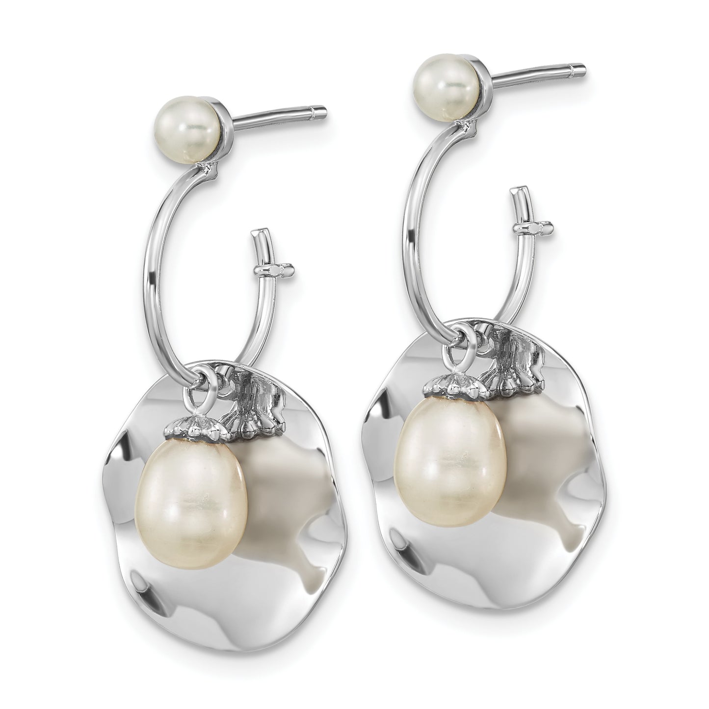 Sterling Silver Rhodium-Plated 3-6mm White Rice Fwc Pearl Dangle Earrings