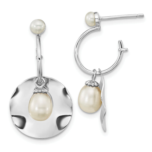 Sterling Silver Rhodium-Plated 3-6mm White Rice Fwc Pearl Dangle Earrings