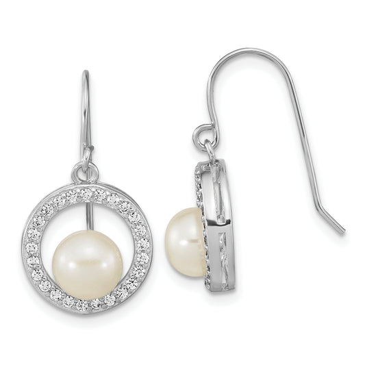 Sterling Silver Rhodium-Plated Polished White 6-7mm Freshwater Cultured Pearl & Cz Circle Dangle Earrings