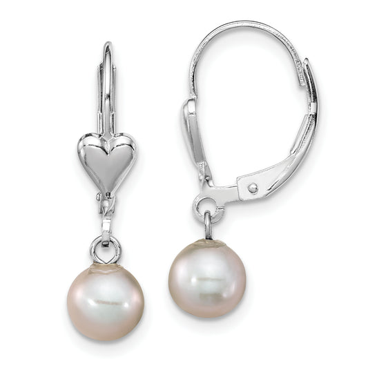 Sterling Silver Rhodium-Plated Polished 6-7mm Grey Freshwater Cultured Pearl Heart Leverback Dangle Earrings