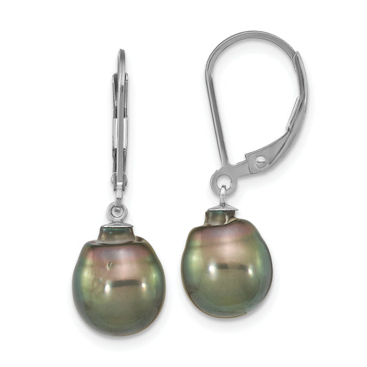 Sterling Silver Rhodium-Plated Polished 9-10mm Tahitian Saltwater Pearl Leverback Dangle Earrings