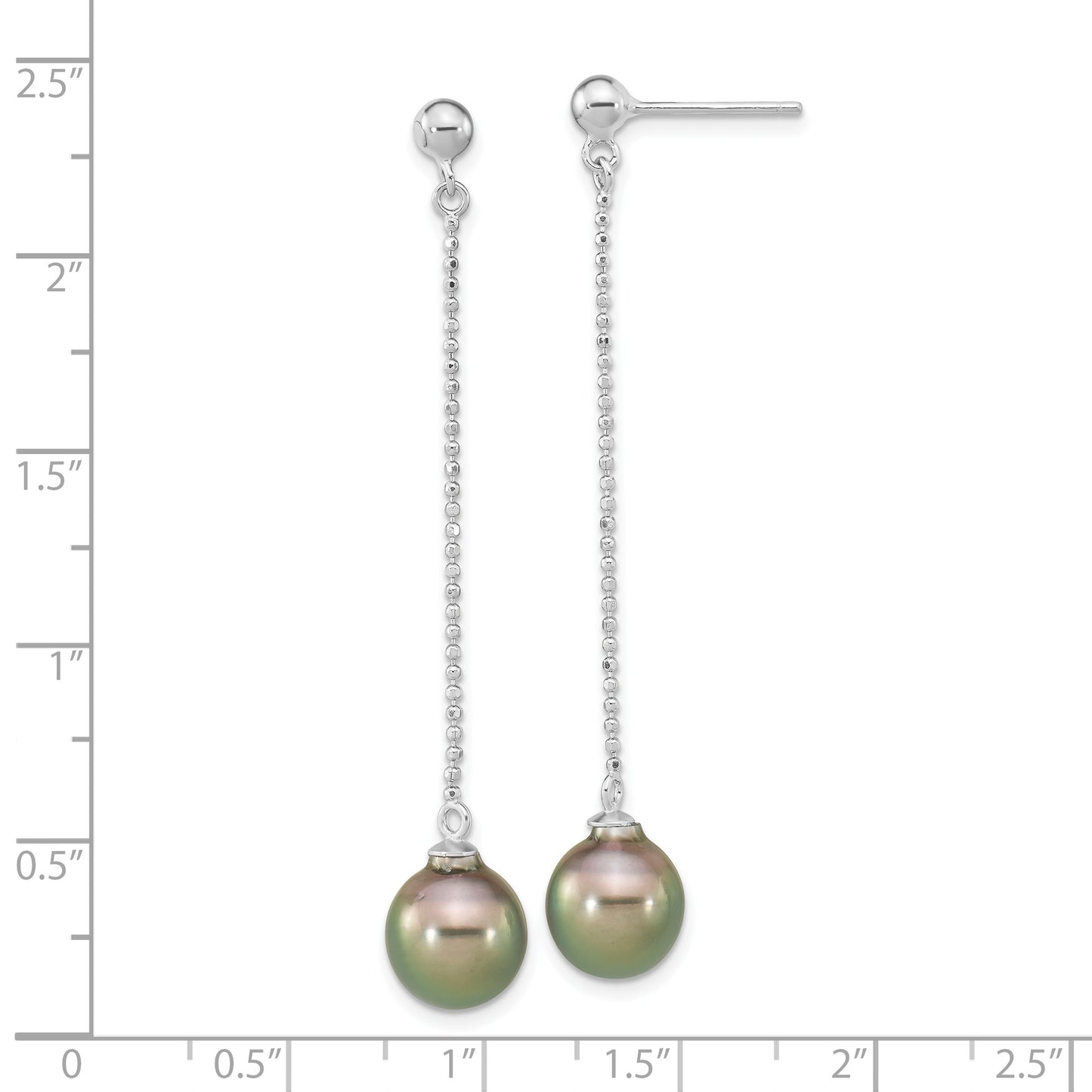 Sterling Silver Rhodium-Plated Polished & Beaded 9-10mm Tahitian Saltwater Pearl Post Dangle Earrings