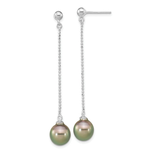 Sterling Silver Rhodium-Plated Polished & Beaded 9-10mm Tahitian Saltwater Pearl Post Dangle Earrings