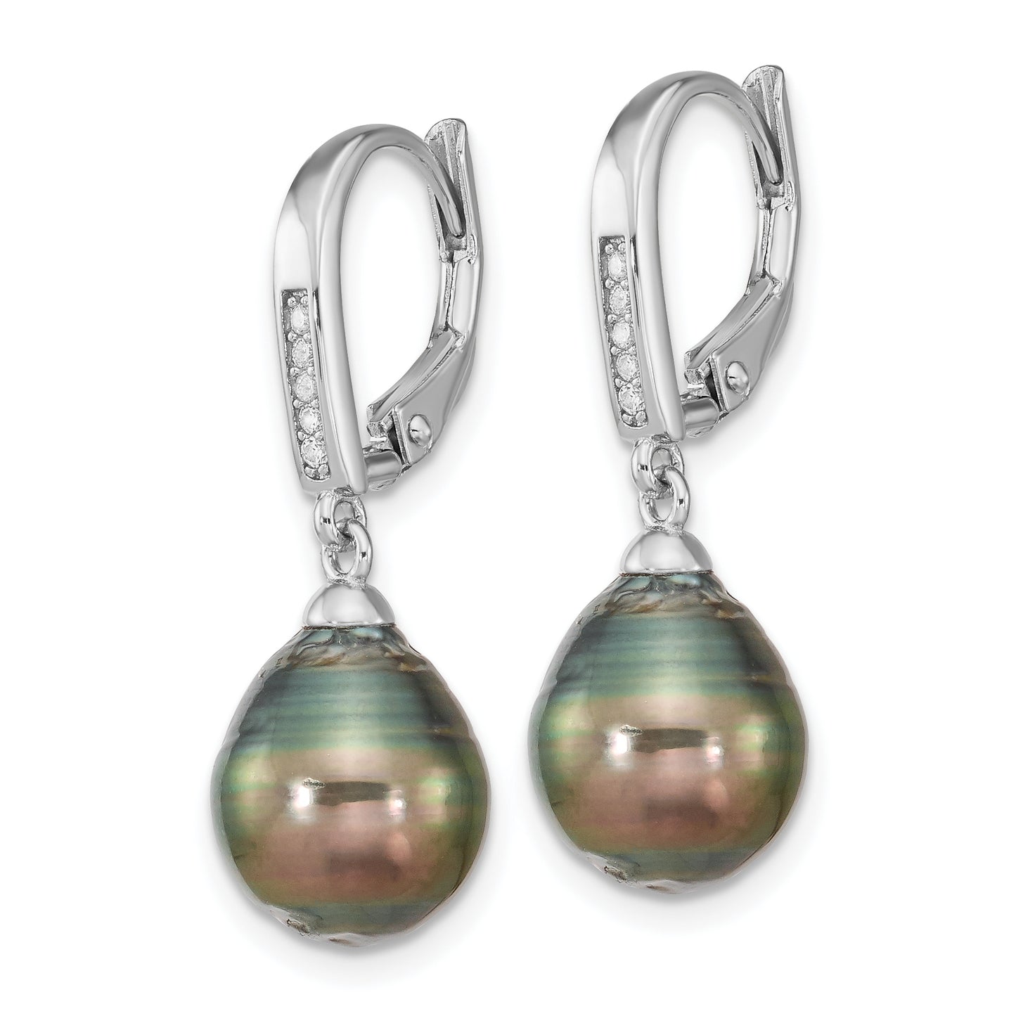 Sterling Silver Rhodium-Plated Polished 9-10mm Tahitian Saltwater Pearl & Cz Leverback Dangle Earrings