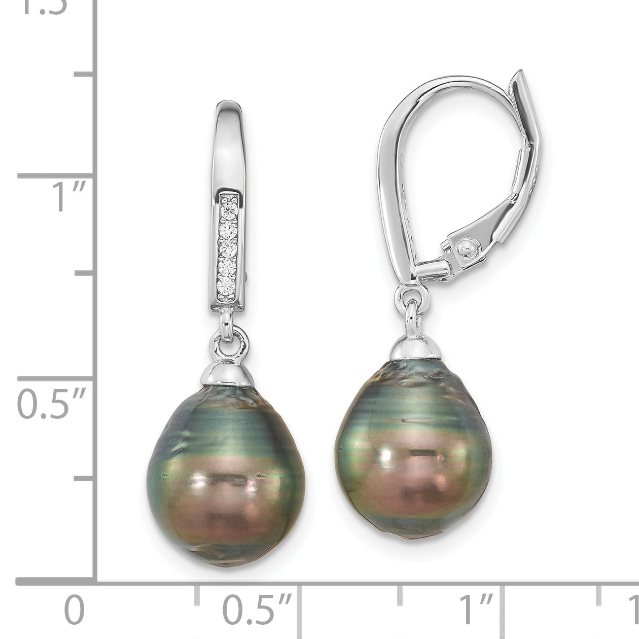 Sterling Silver Rhodium-Plated Polished 9-10mm Tahitian Saltwater Pearl & Cz Leverback Dangle Earrings