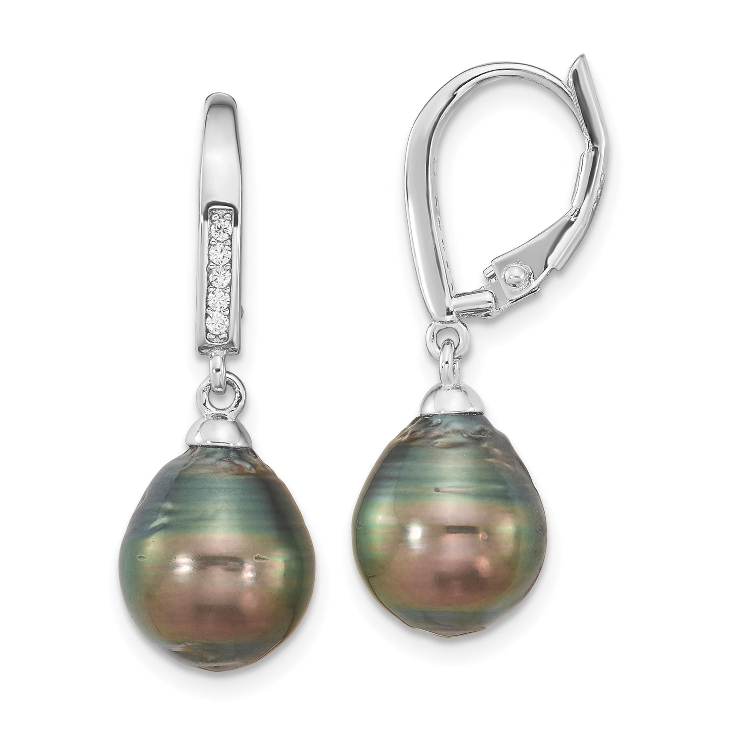 Sterling Silver Rhodium-Plated Polished 9-10mm Tahitian Saltwater Pearl & Cz Leverback Dangle Earrings