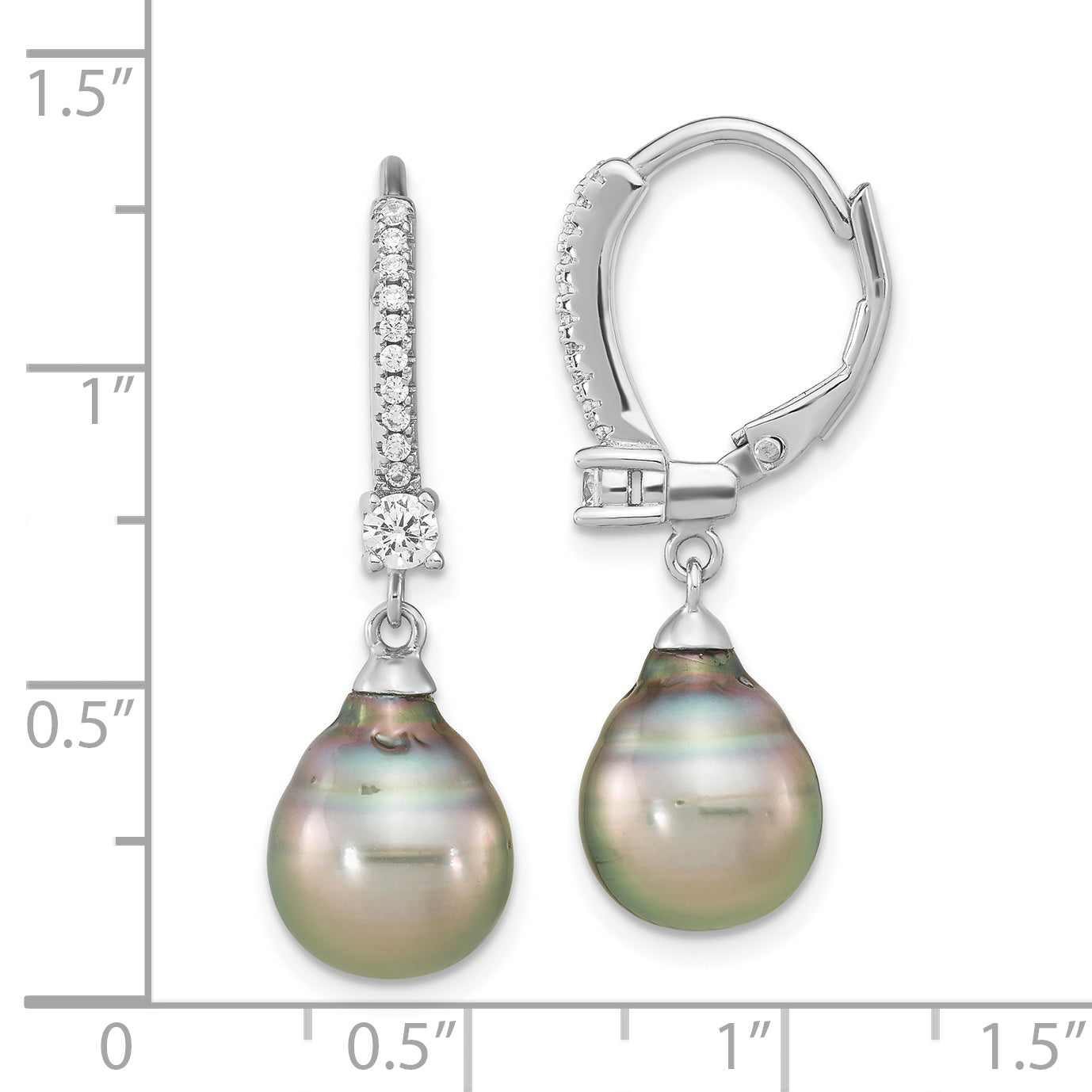 Sterling Silver Rhodium-Plated Polished 9-10mm Tahitian Saltwater Pearl & Cz Leverback Dangle Earrings